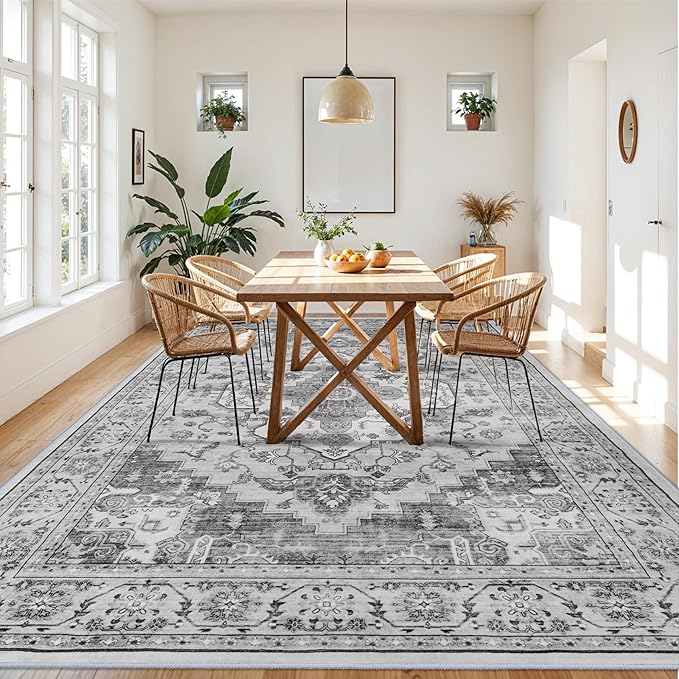 Living Room 9x12 Area Rugs - Large Boho Rugs for Bedroom Stain Resistant Carpet Vintage Tribal Rugs for Kitchen Bathroom with Non Slip Backing Home Decor Floor Decoration Mat 9x12 Grey/White