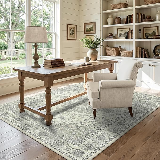 Green 5x7 Washable Area Rug, Non-Slip Soft Ultra-Thin Polyester Carpet with Vintage Stain Resistant Indoor Rug for Living Room, Bedroom, Dining Room, Nursery Oeko-TEX - Green