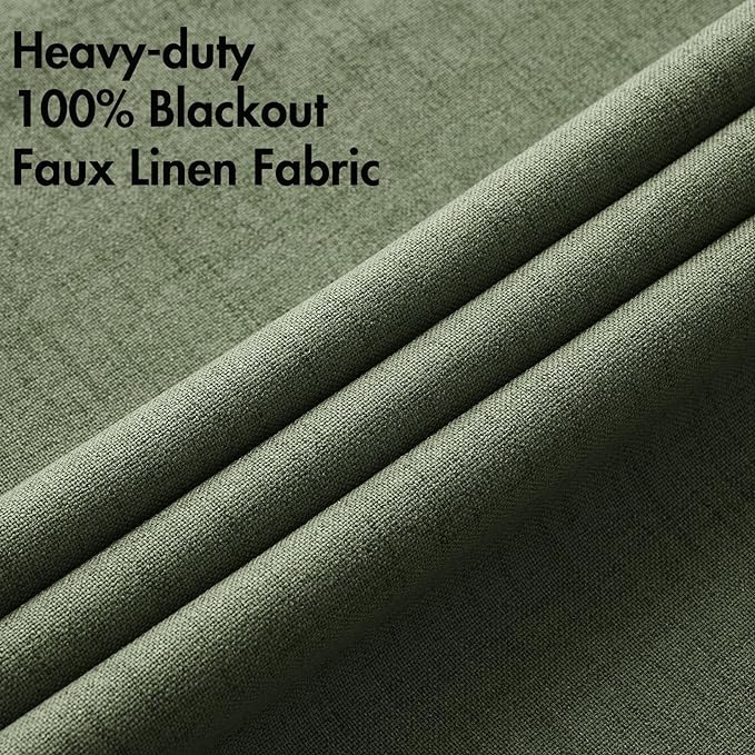 MIULEE 100% Blackout Linen Textured Curtains for Bedroom Solid Thermal Insulated Olive Green Grommet Room Darkening Curtains & Drapes Luxury Decor for Living Room Nursery 42 x 63 Inch (2 Panels)