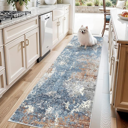 3x8 Washable Hallway Runner – Non-Slip Abstract Modern Neutral Wide Carpet Runner for Kitchen Floor, Entryway, Bedroom, Living Room – Soft Low-Pile Thin Rubber Backing (Blue Rust,3x8)