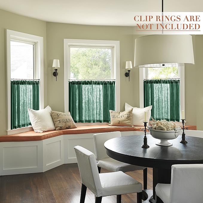 Sheer Green Curtains for Bedroom 2 Panels Rod Pocket Linen Small Window Tier Cafe Curtain Semi Privacy Short Dark Forest Green Curtains for Kitchen Bathroom Coverings 30 Inch Length Hunter Emerald
