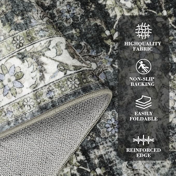 GarveeHome Entryway Rug 3x5 Washable Non Slip Area Rug with Non Slip Backing, Low Pile Ultra Soft Carpet for Large Kitchen, Bedroom, Mudroom, Distressed Oriental Aesthetic Decor, Grey