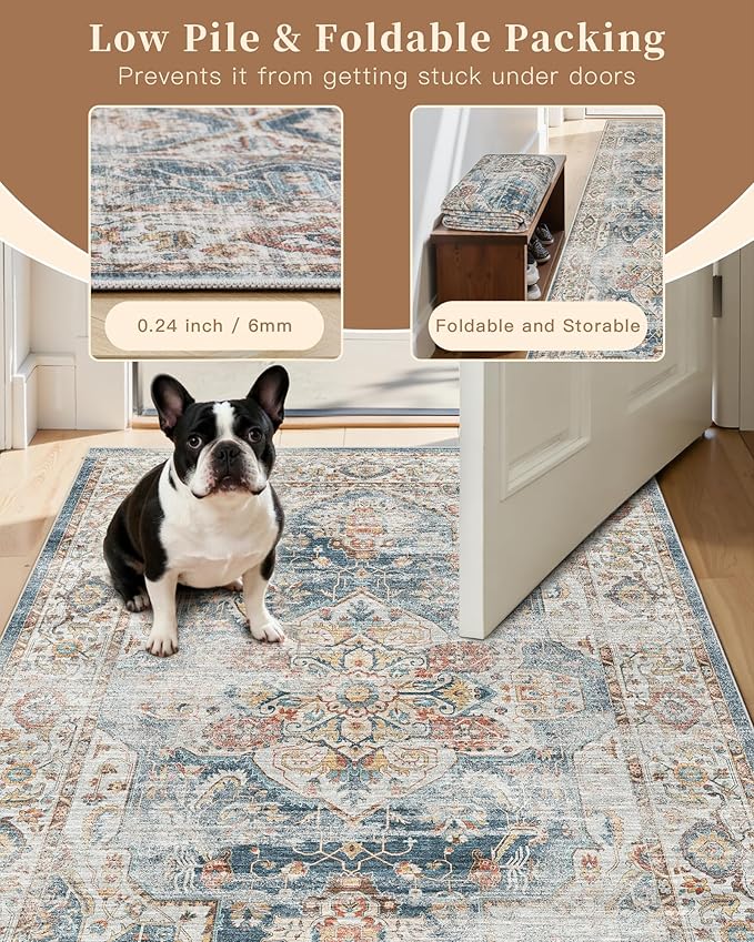 Madane Runner Rug 2x8, Washable Hallway Runner Rugs, Non-Slip Low-Pile Soft Kitchen Rug Runner Laundry Room Rug, Vintage Throw Entry Foyer Mat for Entrance Living Room (Navy, 2 x 8)