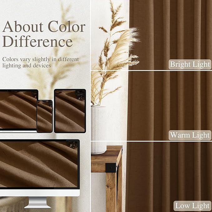 Nanspring Tobacco Brown Linen Curtains 84 Inches Long for Living Room Back Tab Luxury Light Filtering Privacy Semi Sheer Curtain Farmhouse Decor Boho Textured Drapes for Bedroom 52x84,2 Panels