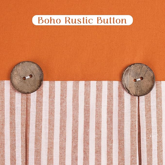 ASPMIZ Linen Kitchen Curtains 24 Inch Length, Farmhouse Boho Button Kitchen Window Curtain Over Sink, Orange Striped Short Curtains for Small Windows, Bathroom, Rod Pocket Window Treatment Tiers