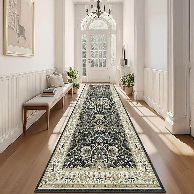 3x10 Non Slip Hallway Runner Rug - Washable Vintage Distressed Kitchen Carpet, Ultra-Thin Soft Low Pile Entryway Mat with Rubber Backing for Bedroom Living Room (Black)