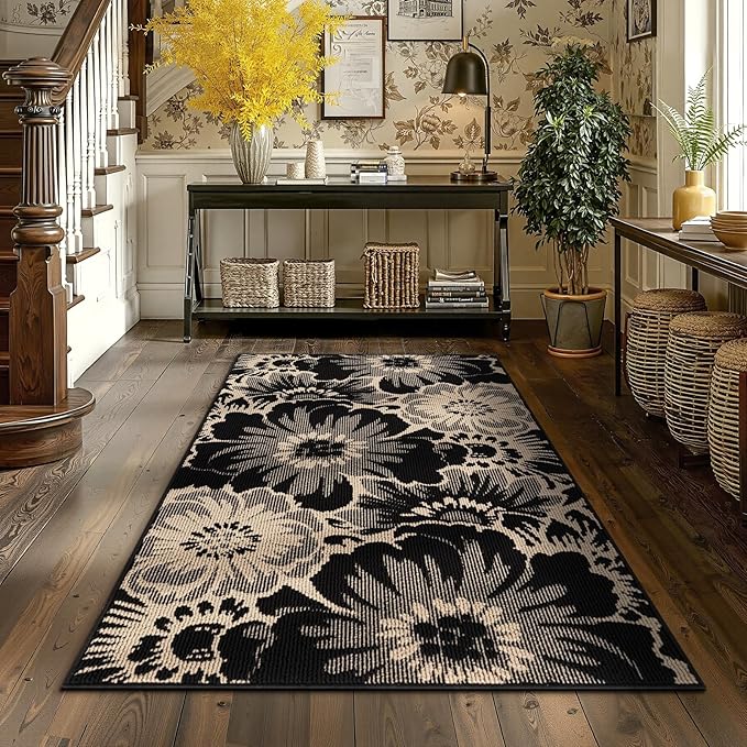 Findosom Washable Area Rug 3x5, Non Slip High-Low Textured Floral Rugs for Bedroom with Rubber Backing, Boho Carpet for Living Room, Kitchen, Entryway, Laundry, Black & Beige