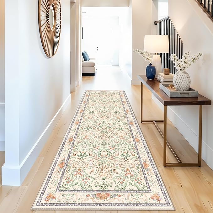 Botanical Hallway Runner Rug 3x10 Ft – Non-Slip Washable Long Kitchen Runner, Low-Pile Thin Vintage Florals Floor Rug for Indoor Entryway, Bedroom, Living Room (Cream)