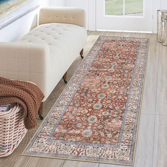 KUTA Runners for Hallways 2x6, Vintage Floral Rug Non-Slip Washable Kitchen Rugs Red Clay Ultra Thin Soft Printed Retro Distressed Flower Carpet Entryway Rugs for Bedroom Laundry Nursery