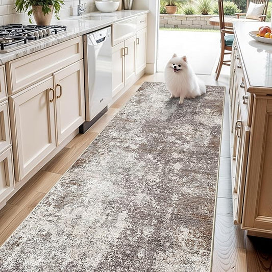 4x12 ft Wide Hallway Rug – Non-Slip Washable Large Long Carpet Runner for Kitchen, Indoor Entryway, Modern Abstract Low-Pile Thin Floor Mat for Bedroom, Living Room, Dining Room (Brown Beige,4x12)