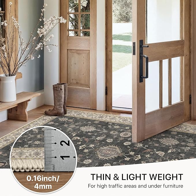 GENIMO Runner Rug for Hallways Machine Washable, 3x7 Non Slip Boho Vintage Lightweight Washable Runners, Thin Floor Rugs for Entryway Hallway Bathroom Laundry Room Corridor, Charcoal Brown