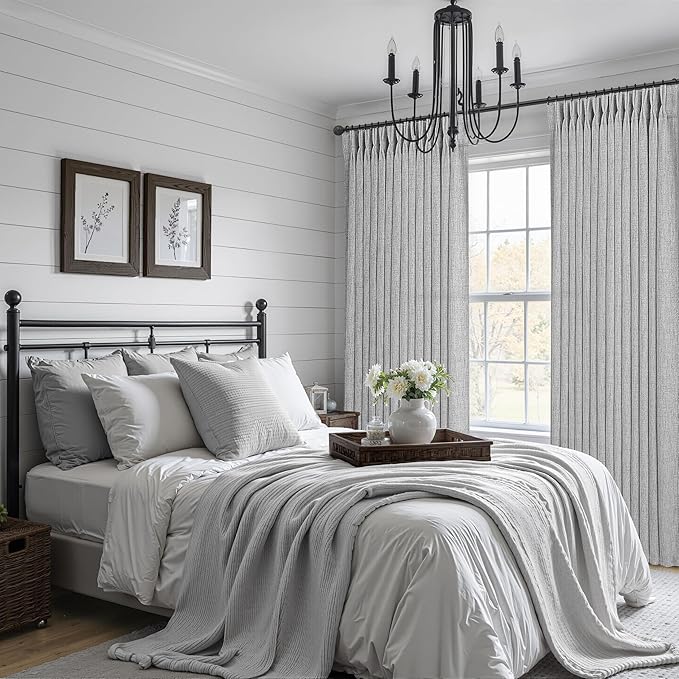 Natural Linen 100 Inch Light Grey Patio Curtains for Sliding Glass Doors, Memory Trained Pinch Pleated Light Filtering Semi Sheer Bedroom Neutral Windows Curtain 2 Panels Set Non See Through Drapes