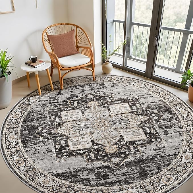 RUUGME Washable 7 Round Rug - Large Rugs for Living Room Soft Stain Resistant Carpet for Bedroom Kitchen Dining Room Vintage Non Slip Home Decor Floor Mat 7round Black