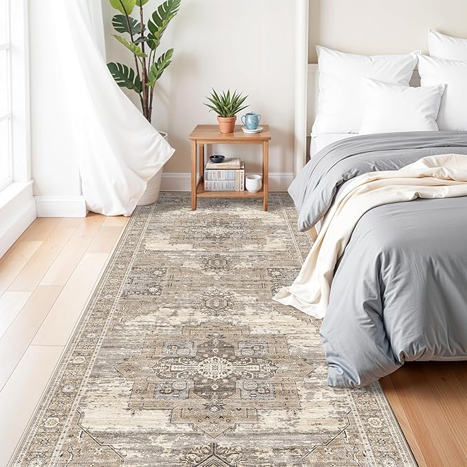 4x12 Runner Rug Wide Hallway - Washable Long Runners for Entryway Bedroom Kitchen Soft Stain Resistant Carpet Vintage Ultra-Thin Rugs with Non Slip Backing Home Decor Desiged for RV Living 4x12 Beige