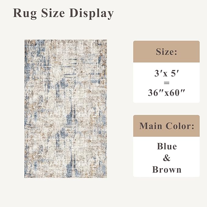 Washable 3x5 Entryway Rug - Non-Slip Soft Low-Pile Thin Small Area Rugs for Kitchen Bedroom Living Room Hallway – Modern Abstract Neutral Door mat Indoor（Blue Brown）