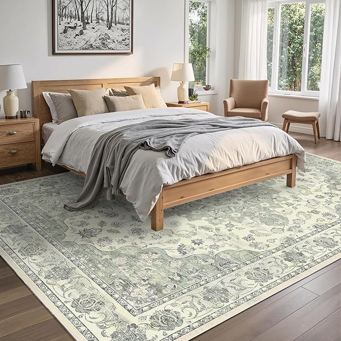 Green 5x7 Washable Area Rug, Non-Slip Soft Ultra-Thin Polyester Carpet with Vintage Stain Resistant Indoor Rug for Living Room, Bedroom, Dining Room, Nursery Oeko-TEX - Green