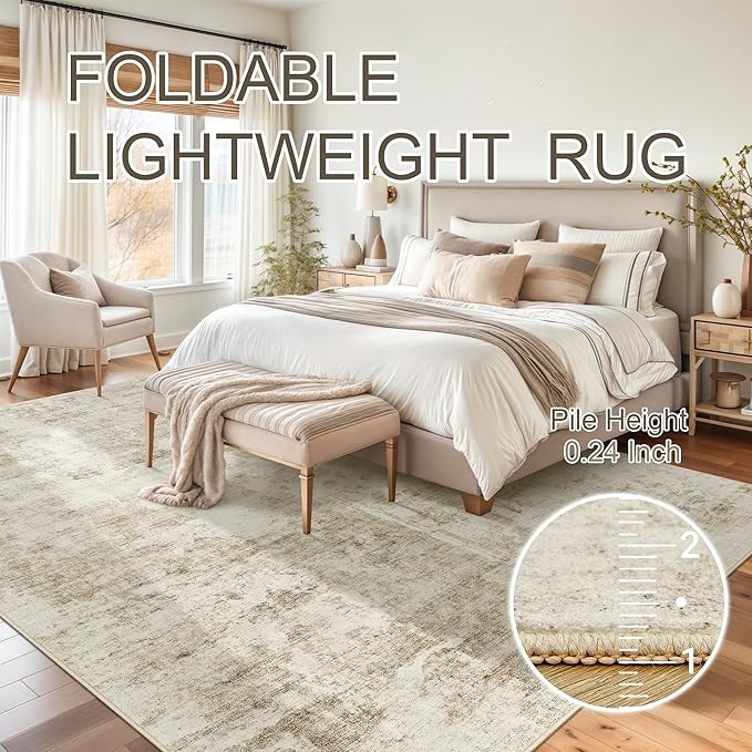 Soalmost 10x14 Area Rugs for Living Room, Non Slip Machine Washable Vintage Carpets, Low Pile Lightweight Large Rug for Bedroom, Dining Room, Home Office Beige Gray