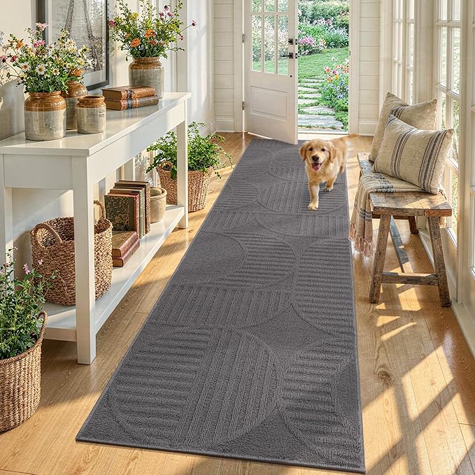 Findosom Washable Runner Rug 2x6, Geometric High-Low Textured Non Slip Hallway Runner Rug with Rubber Backing, Boho Carpet Runner for Kitchen, Bedroom, Laundry, Entryway, Bathroom, Gray