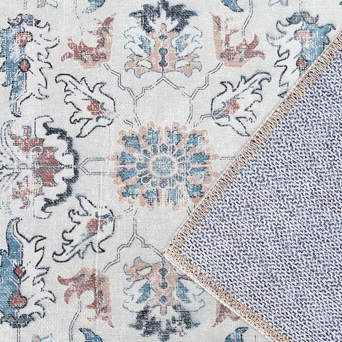 jinchan Area Rug 4x6 Bedroom Rug - Washable Vintage Boho Floral Print Lightweight Low Pile Thin Non-Slip Floor Cover Retro Distressed Carpet for Living Room Dining Room Kitchen Office Grey Multi