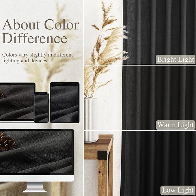 Black Linen Curtains 132 inch Extra Long for Living Room Back Tab Light Filtering Semi Sheer Drapes Modern Farmhouse Muslin Look Decor Cotton Textured Curtain for Floor to Ceiling Window 11 FT