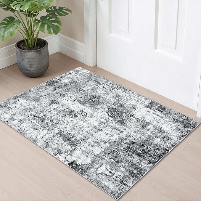 2x3 Washable Non-Slip Area Rug - Soft Low Pile Throw Rug for Kitchen Entryway Bedroom - Modern Indoor Door Mat with Rubber Backing (Grey, 2x3)