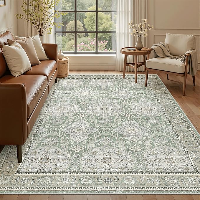 Soalmost 6x9 Area Rug for Living Room Washable 6x9 Rug Non-Slip Modern Rugs for Bedroom Dinning Room Ultra-Thin Indoor Green/Brown Rug