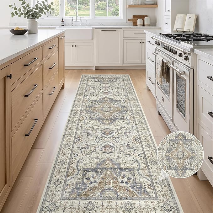 3x10 Non Slip Hallway Runner Rug - Washable Vintage Distressed Kitchen Carpet, Ultra-Thin Soft Low Pile Entryway Mat with Rubber Backing for Bedroom Living Room (Beige/Blue)