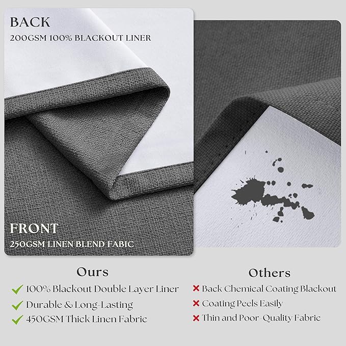 Dark Grey Pinch Pleated Blackout Curtains 102 Inches Long for Bedroom 100% Black Out Thick Linen Dual Layer Pleated Drapes Farmhouse Country Charcoal Gray 102 Inch Curtain for Dining Living Room