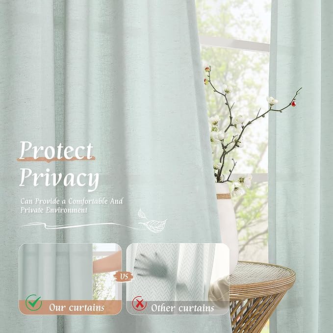 LAMIT 54 Inch Short Window Linen Curtains, Soft Faux Linen Light Filtering Panels Rod Pocket Neutral Drapes for Bedroom/Loft Room, Light Blue, 2 Panels, 42 x 54 Inch