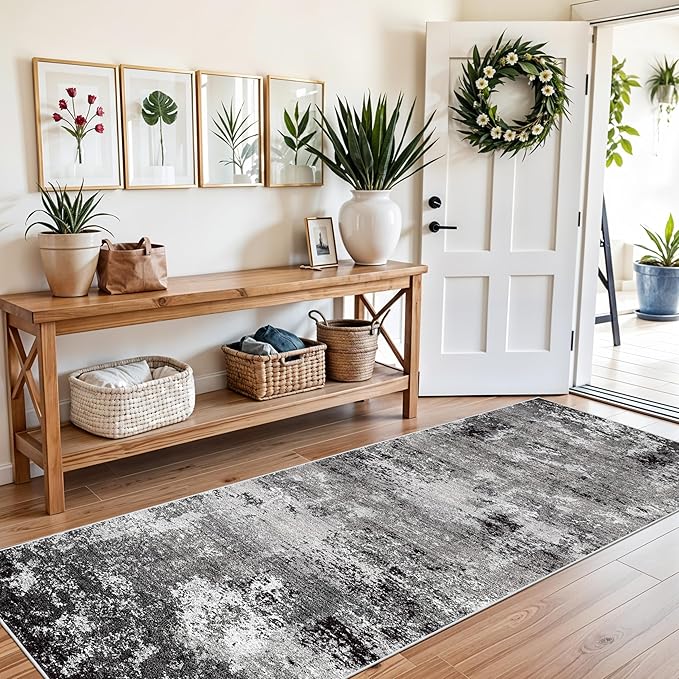 3x8 Washable Hallway Runner – Non-Slip Abstract Modern Neutral Wide Carpet Runner for Kitchen Floor, Entryway, Bedroom, Living Room – Soft Low-Pile Thin Rubber Backing（Black Grey,3x8）