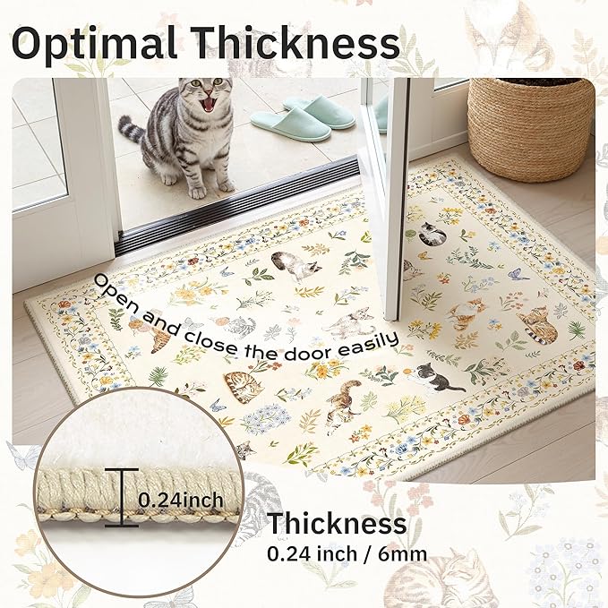 Soalmost Cat 3x5 Area Rugs for Entryway, Machine Washable Animal Floral Accent Rug Non-Slip Low Pile Soft Throw Rugs for Kitchen Bedside Living Room Bedroom Kids Room (3 x 5,Beige)