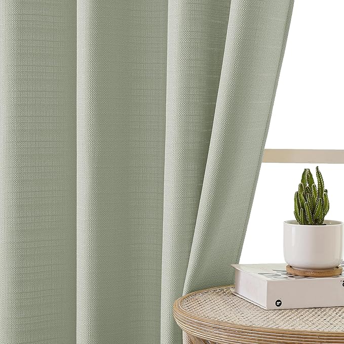 Chyhomenyc Light Green Curtains 72 Inch Length 2 Panels Set, Faux Linen Textured Semi Sheer Light Filtering Soft Airy Privacy Farmhouse Curtain Drapes for Living Room Bedroom, 40 Wx72 L Inches