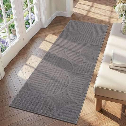 Findosom Washable Runner Rug 2x6, Geometric High-Low Textured Non Slip Hallway Runner Rug with Rubber Backing, Boho Carpet Runner for Kitchen, Bedroom, Laundry, Entryway, Bathroom, Gray