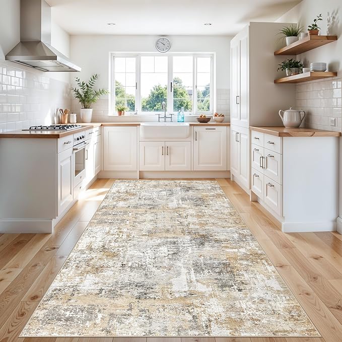 4x12 Wide Hallway Runner Rug – Non-Slip Washable Rubber-Backed Large Carpet Runner for Kitchen, Entryway, Bathroom, Modern Abstract Low-Pile Thin Floor Mat for Living Room, Dining Room (Gold/Grey)