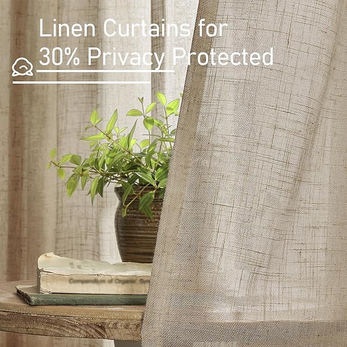 LAMIT 95 Inches Long Linen Curtains for Living Room, Back Tab and Rod Pocket Semi Sheer Curtains Light Filtering Farmhouse Drapes for Bedroom/Dining Room, Taupe, Set of 2, 52 x 95 Inch