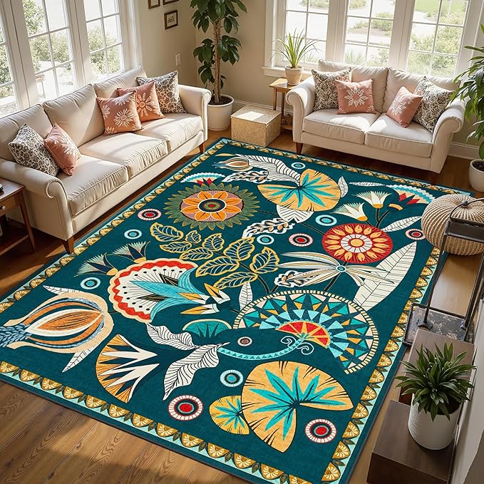 Joydeco Egypt Floral Boho Large Area Rugs for Living Room Nursery, Washable Dark Green Bedroom Rug 8x10 Under Bed, Vintage Non Slip Indoor Throw Carpet for Playroom Dining Room Dorm