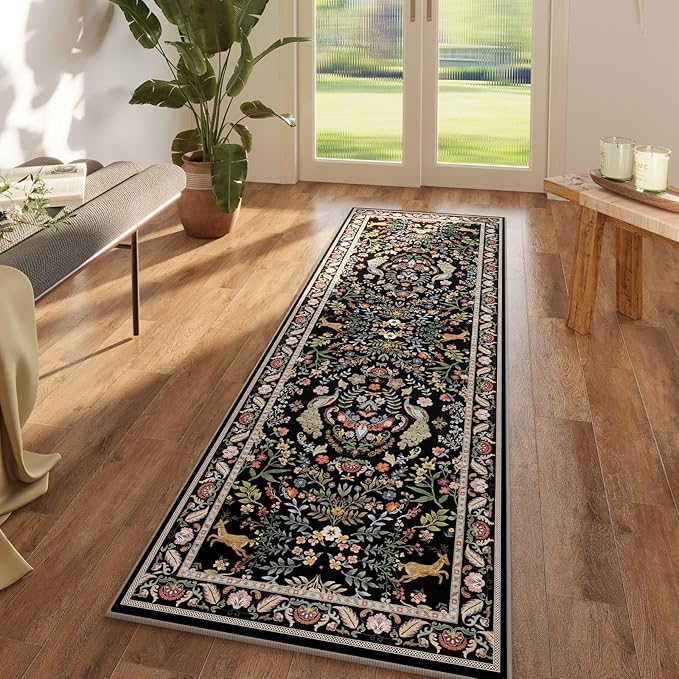 Rugcomf 2x5 Runner Rug - Floral Machine Washable Kitchen Rug, Non-Slip Low Pile Boho Carpet for Hallways, Laundry, Entryway, Bedroom, Bathroom - Vibrant Black