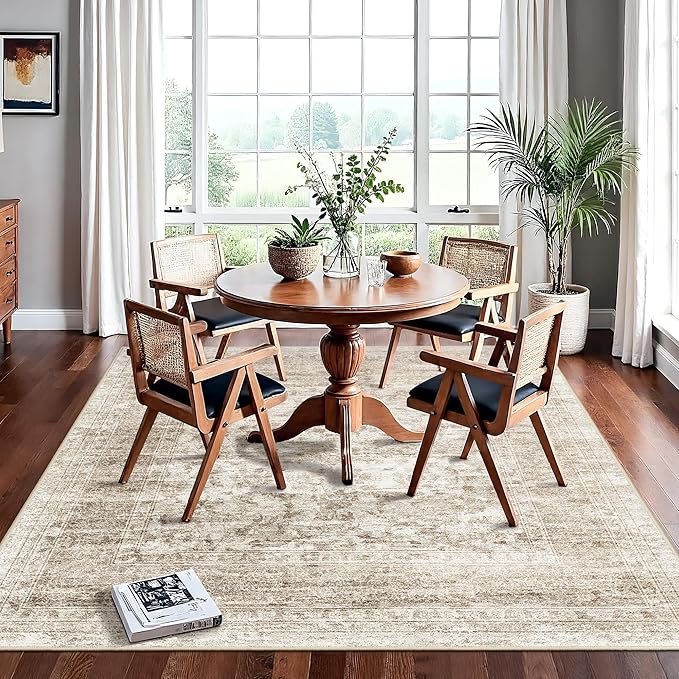 7x7 Square Rug for Living Room: Washable Ultra Thin Soft Rugs for Bedroom Dining Room Home Office Oriental Stain Resistant Carpets with Non-Slip Backing Farmhouse Home Decor Mat 7x7 Beige Brown