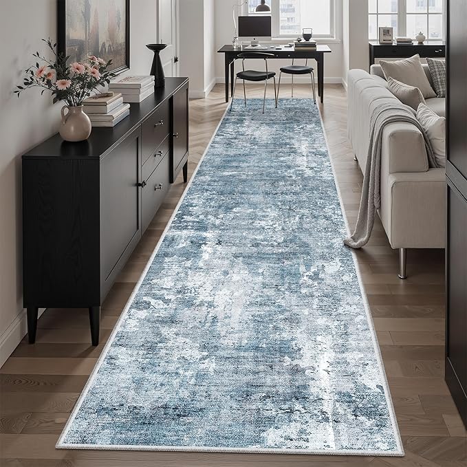 Soalmost Runner Rug 2'6" x 12' Washable Non-Slip 2.5x12 ft Long Runner Rugs for Kitchen Bathroom Laundry Room Vintage Ultra Thin Runners for Hallway Entryway Blue/Grey