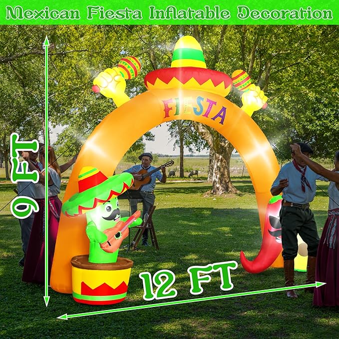 12 FT Cinco De Mayo Inflatables, Giant Blow Up Mexican Fiesta Arch with Inflatable Cactus Peppers Avocado Decor, Lighted Mexican Holiday Inflatables Decorations for Cinco De Mayo Fiesta Party Archway