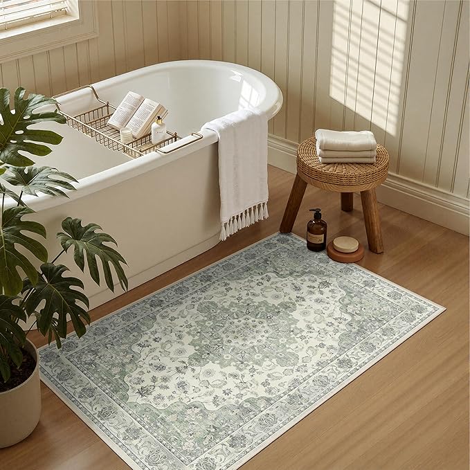 Washable Entryway Runner Rug - 2x3 Kitchen Rug Distressed Low Pile Mats Non Slip Soft Rugs for Dining Room with Rubber Backing Bedroom Runner with Vintage Design (Green 2x3)