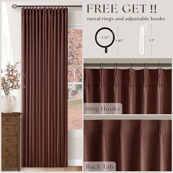 Maroon Blackout Pinch Pleated Linen Curtains 105 Inches Long for Living Room 2 Panels Thermal Insulted Dual Layer Drapes Ceiling Floor 105 Inch Window Curtains Bedroom Chestnut Reddish Brown