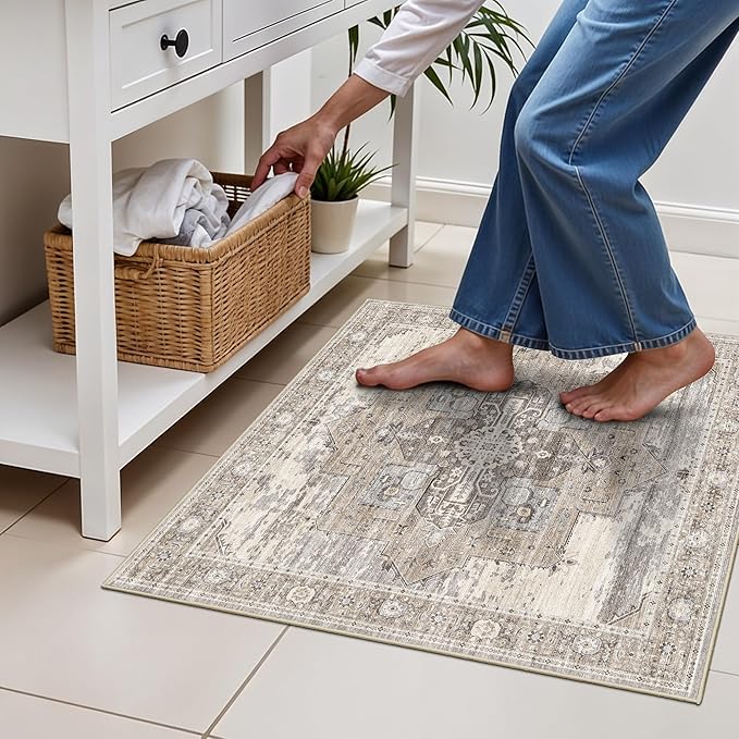 Washable Small 2x2 Rug Square - Boho Ultra Thin Soft Non Slip Rugs Multi-Use Stain Resistant Easy-Clean Carpets for High-Traffic Entryway, Kitchen, Pet Area, Bathroom & Dorm Decor 24x24 Beige