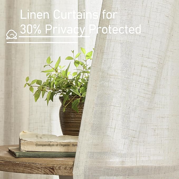 LAMIT 60 Inch Wide Linen Curtains 95 Inches Long, Ivory Cream Light Filtering Faux Linen Textured Bedroom Panels Semi Sheer Back Tab and Rod Pocket Boho Drapes for Living Room/Farmhouse, 2 Panels