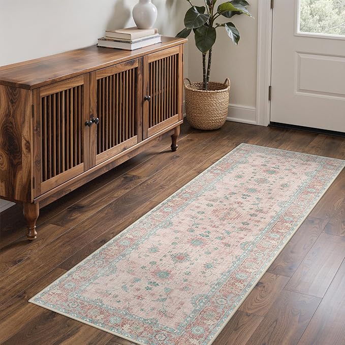 GENIMO Runner Rug for Hallways Machine Washable, 3x7 Non Slip Boho Vintage Lightweight Washable Runners, Thin Floor Rugs for Entryway Hallway Bathroom Laundry Room Corridor, Misty Pink