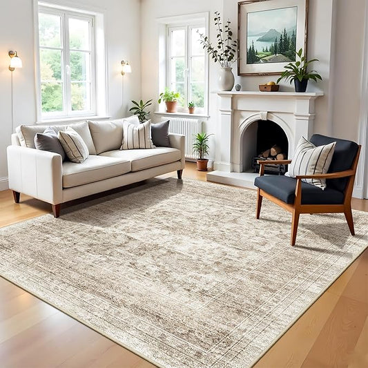 7x7 Square Rug for Living Room: Washable Ultra Thin Soft Rugs for Bedroom Dining Room Home Office Oriental Stain Resistant Carpets with Non-Slip Backing Farmhouse Home Decor Mat 7x7 Beige Brown
