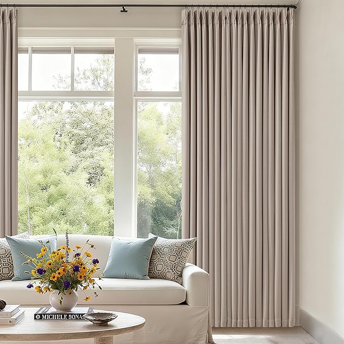 70 Inch Extra Wide Blackout Curtain 90 Inches Long for Living Room Pinch Pleated Thick Linen Thermal Insulated Drapes Back Tab Burlywood Birch 100% Black Out Curtain for Bedroom Large Window 1 Panel