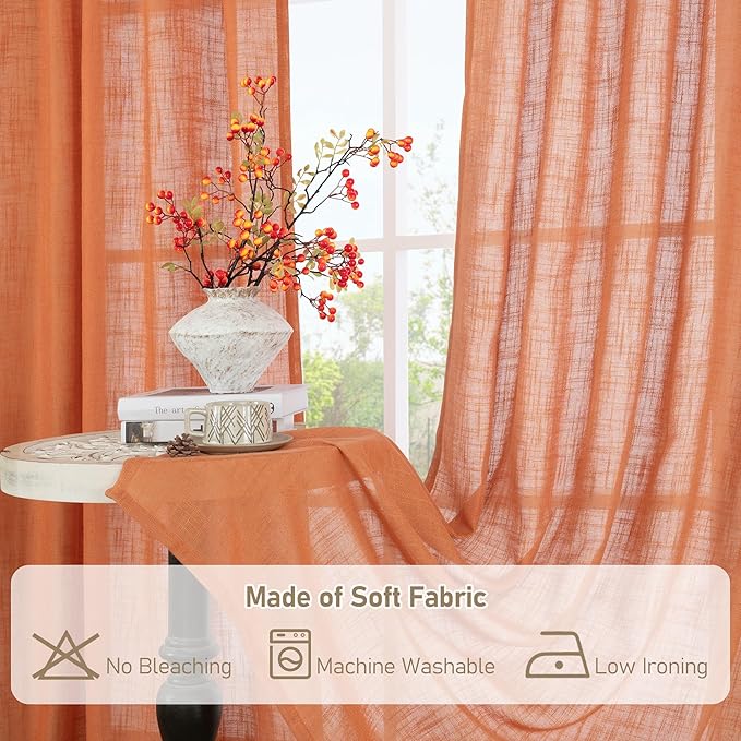 LAMIT Burnt Orange Linen Curtains for Bedroom, 72 Inch Length Light Filtering Semi Sheer Panels Back Tab and Rod Pocket Neutral Drapes for Living Room, 2 Panels, 34 x 72 Inch