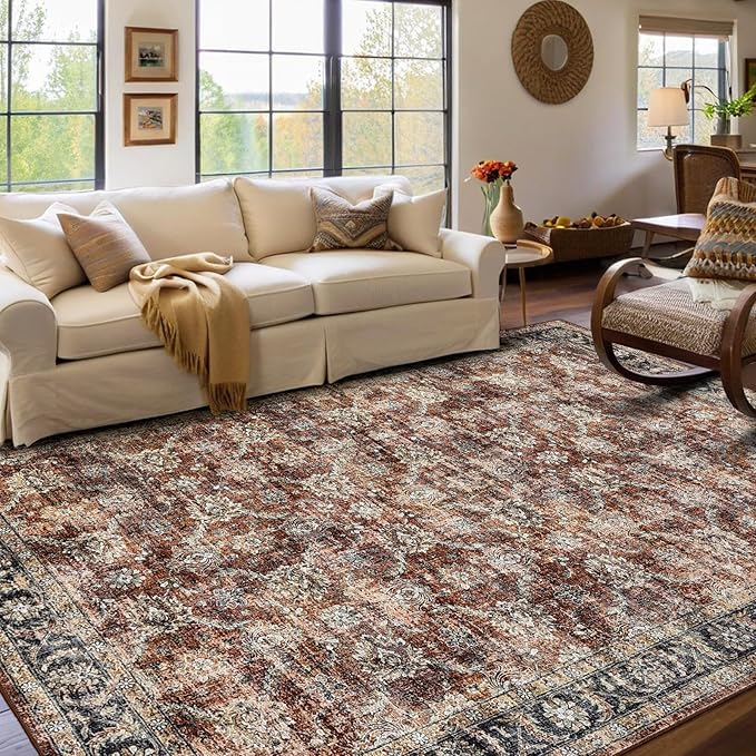 GarveeHome Extra Large Area Rug 10x13 Washable Bedroom Rug Non Slip Foldable Vintage Floral Print Throw Rug Thin Ultra Soft Distressed Carpet for Living Room Home Nursery, Red