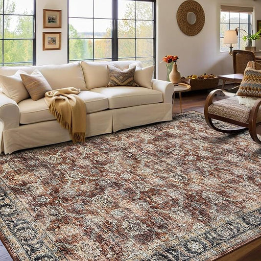 GarveeHome Extra Large Area Rug 10x13 Washable Bedroom Rug Non Slip Foldable Vintage Floral Print Throw Rug Thin Ultra Soft Distressed Carpet for Living Room Home Nursery, Red
